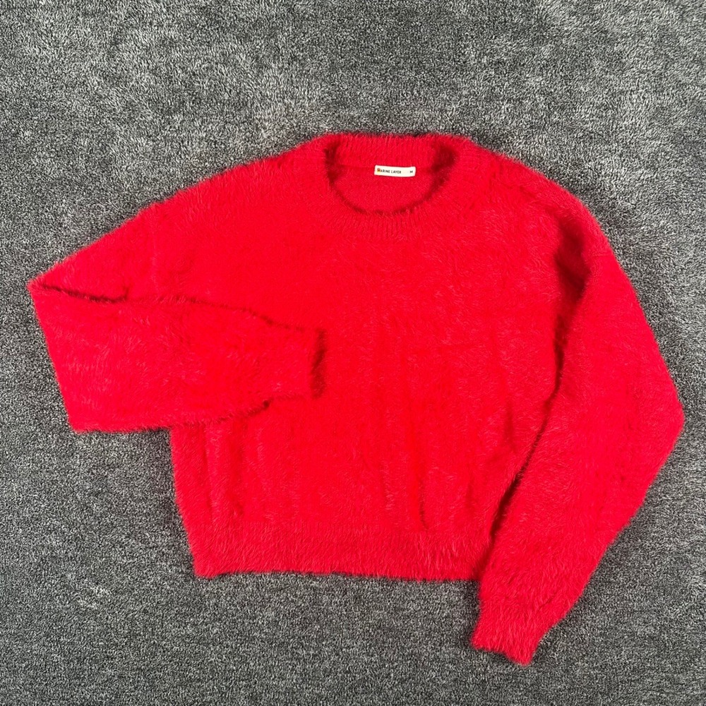 Marine Layer Sweater Womens Medium Red Eyelash Fuzzy Knit Crewneck Pullover